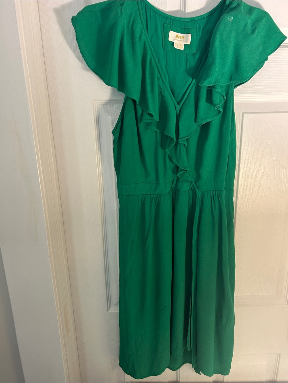 Maeve by Anthropologie Green Ruffle V-Neck Midi Dress